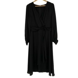 EXPRESS black satin silky long sleeve belted wrap maxi dress, Sz Large